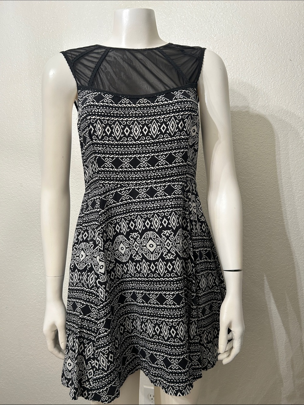 Black & White Tribal Print Mini Dress with Sheer Mesh Yoke